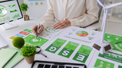 hands on desk covered with sustainable themed reports